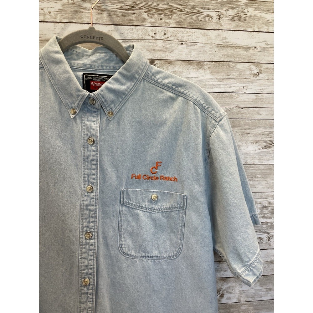Vintage Wrangler Hero Womens XL Denim Shirt Short Sleeve Cowgirl Ranch Country